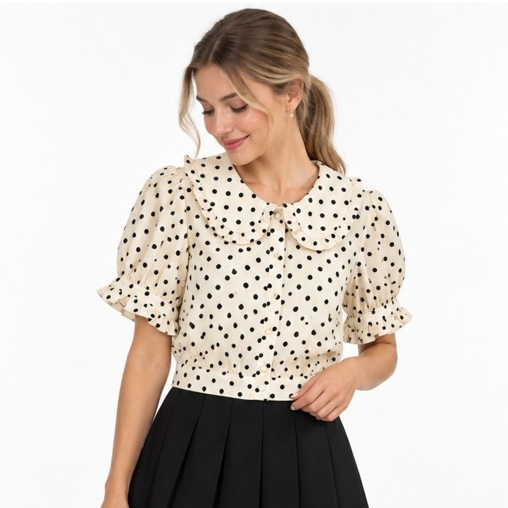 Polka Dot Peter Pan Collar Blouse S Ivory Black Ruffle Puff Sleeve Coquette